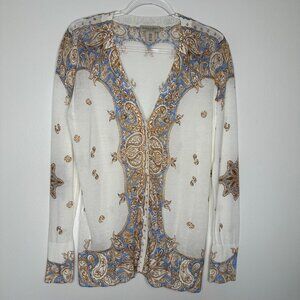 Martha Stewart Cardigan Sweater Size M Cream Blue Paisley